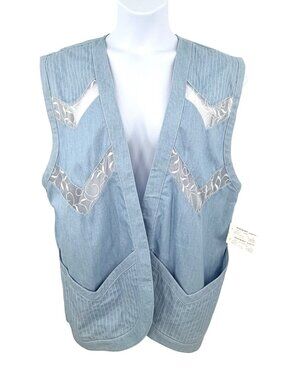 NWT Vtg Talk Of The Walk Blue White Chambray Vest w Lace Chevron Accents Pockets